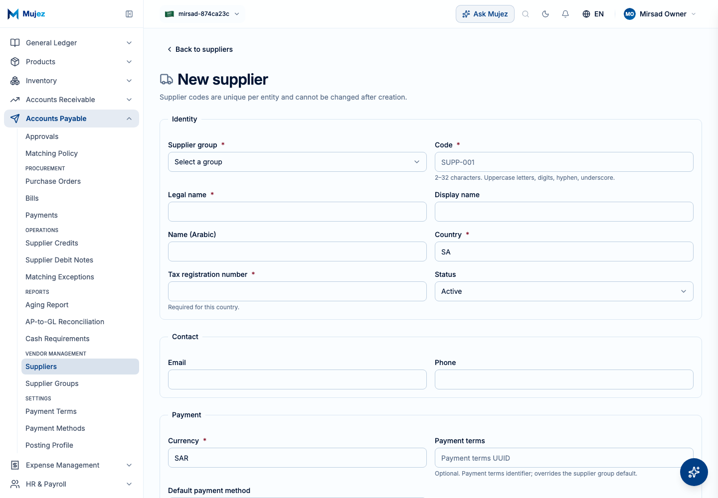 Open the new supplier form.