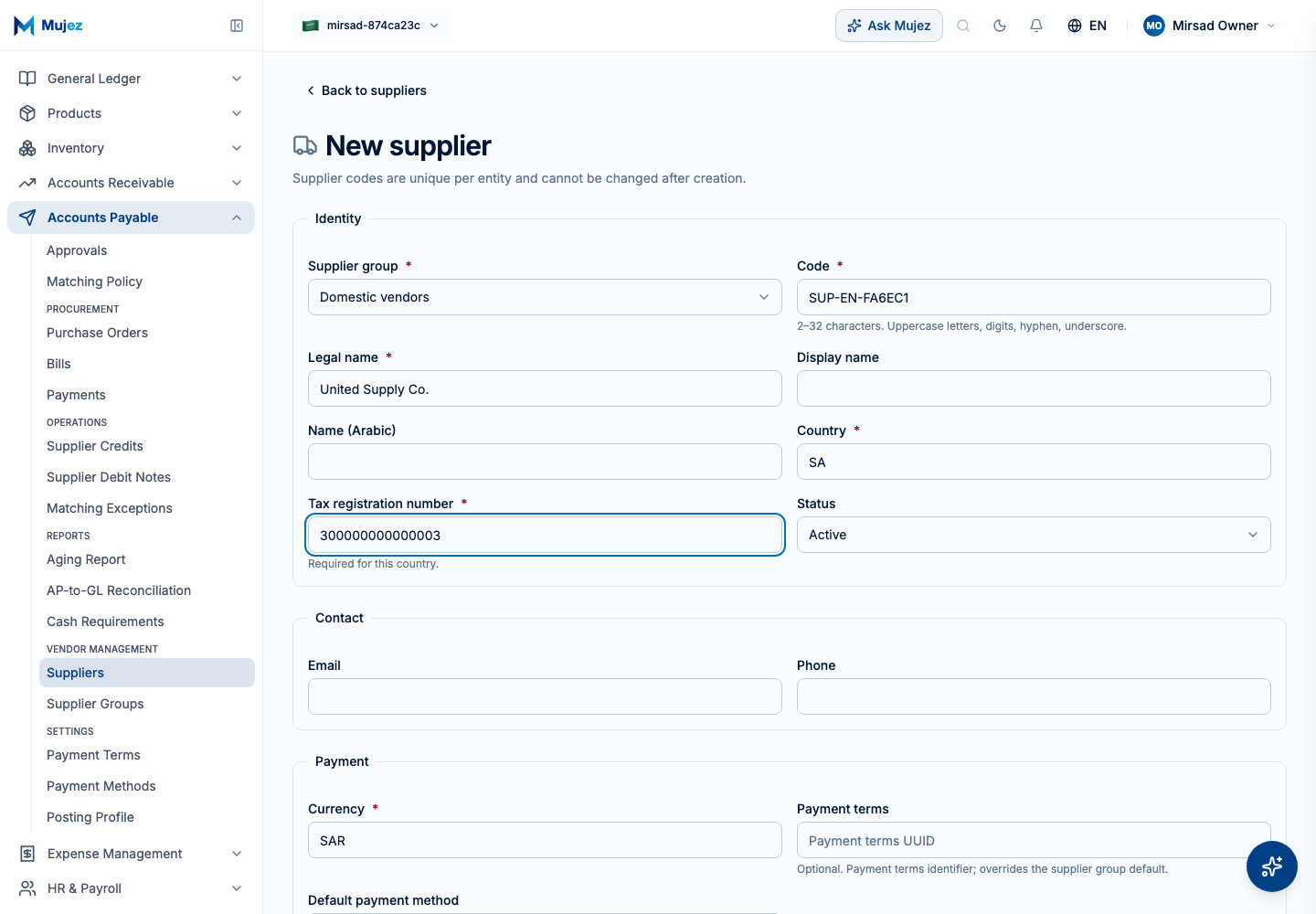 Fill in the supplier’s identity.