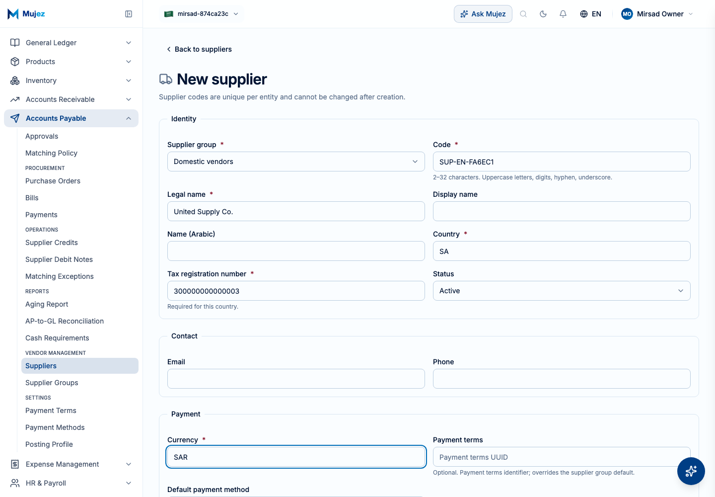 Set the currency and payment terms.