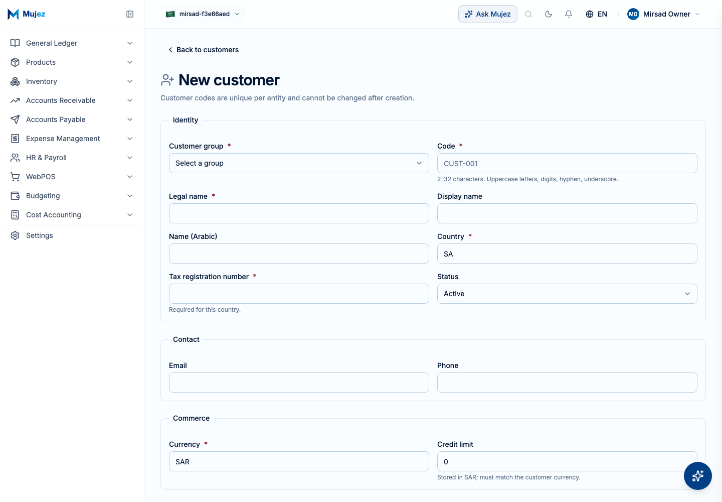 Open the new customer form.