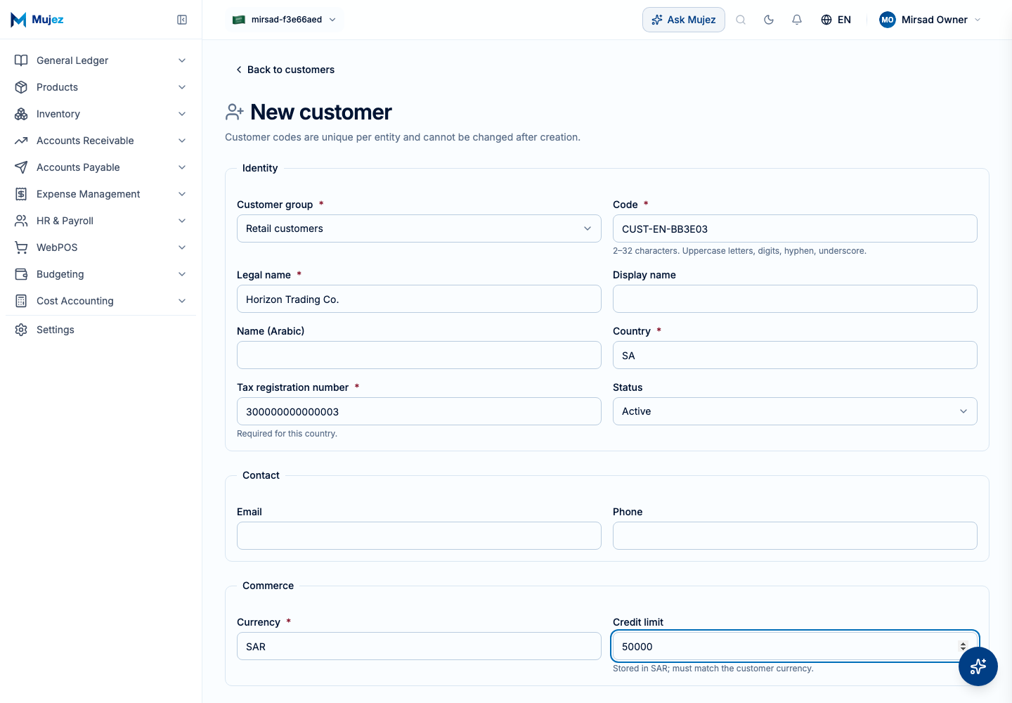 Set the currency and credit limit.