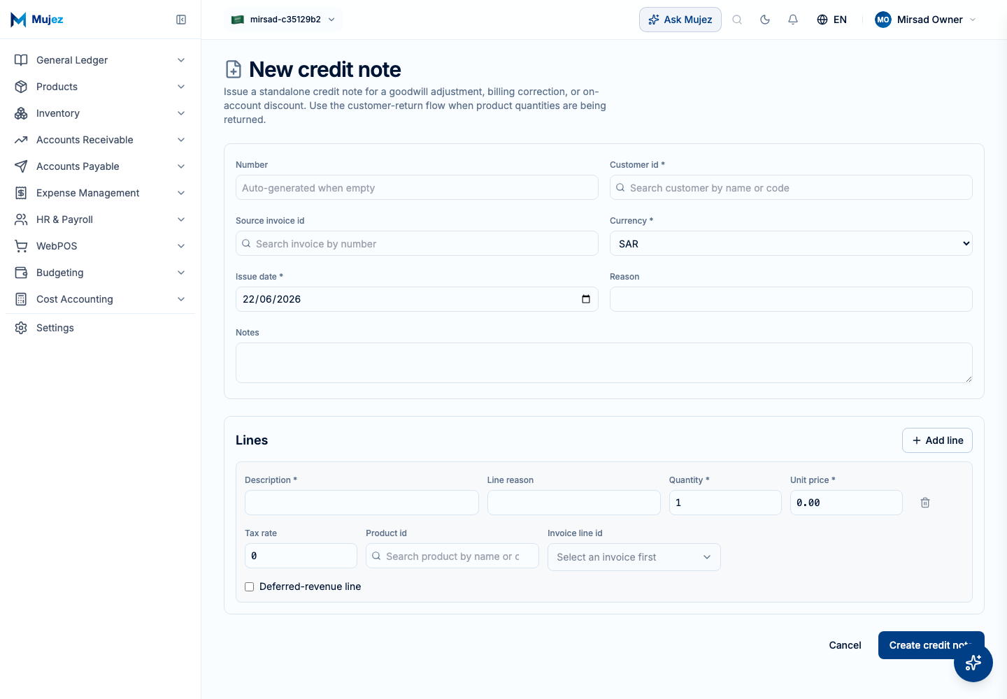 Start a new credit note.