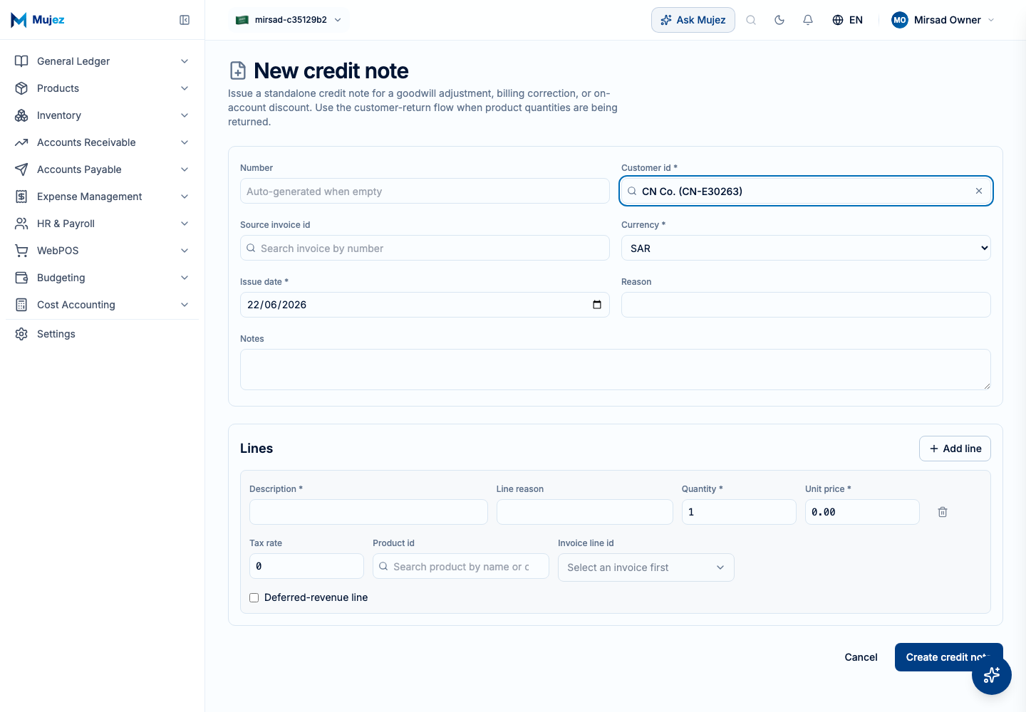 Choose the customer and, optionally, an invoice.