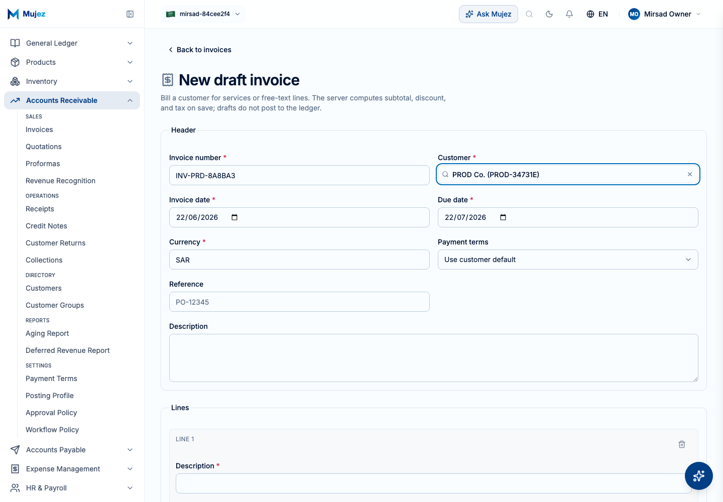 Start a new invoice and choose the customer.