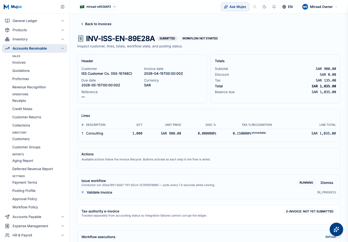 Submit the invoice to issue it.