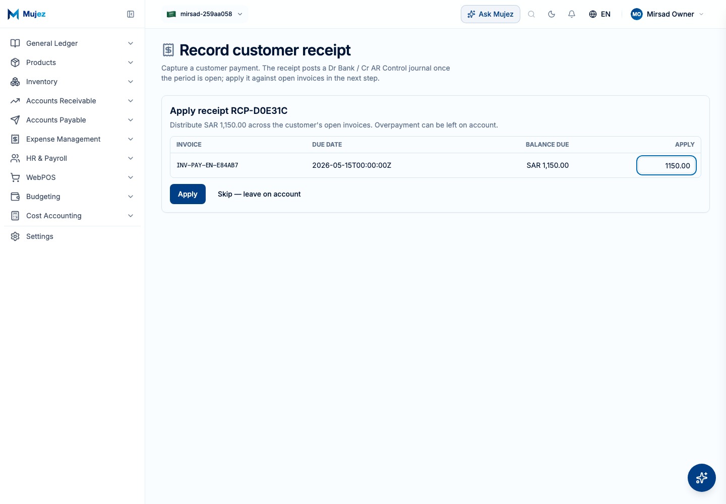 Apply the receipt to open invoices.