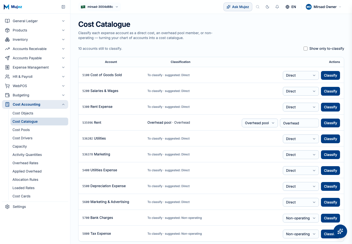 Open the cost catalogue.