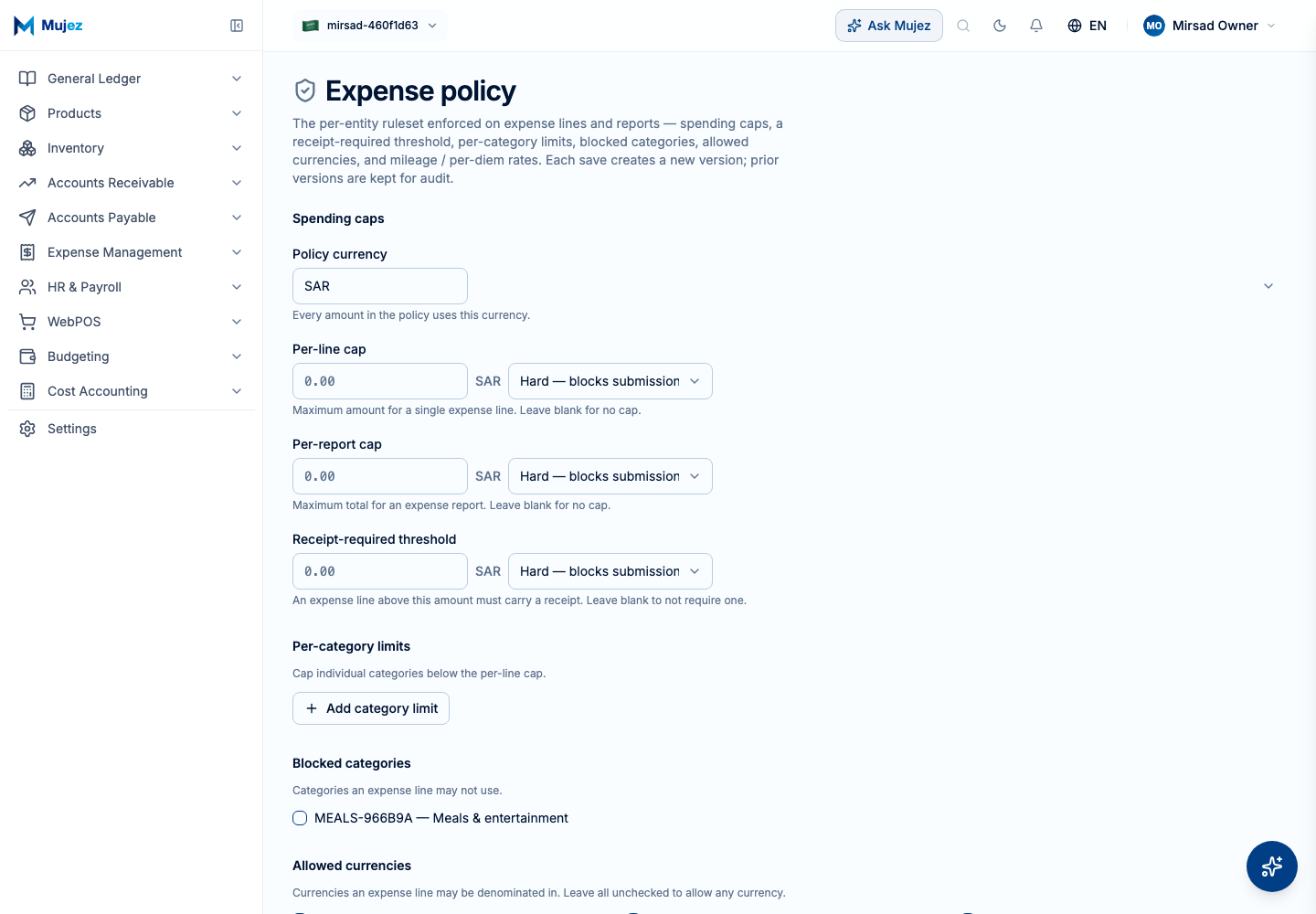 Set the expense policy.