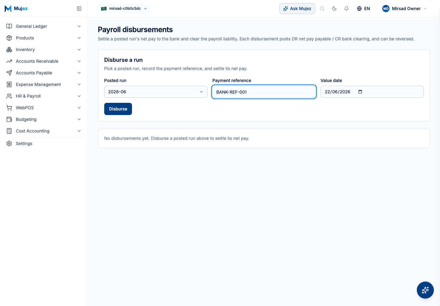 Record the disbursement.