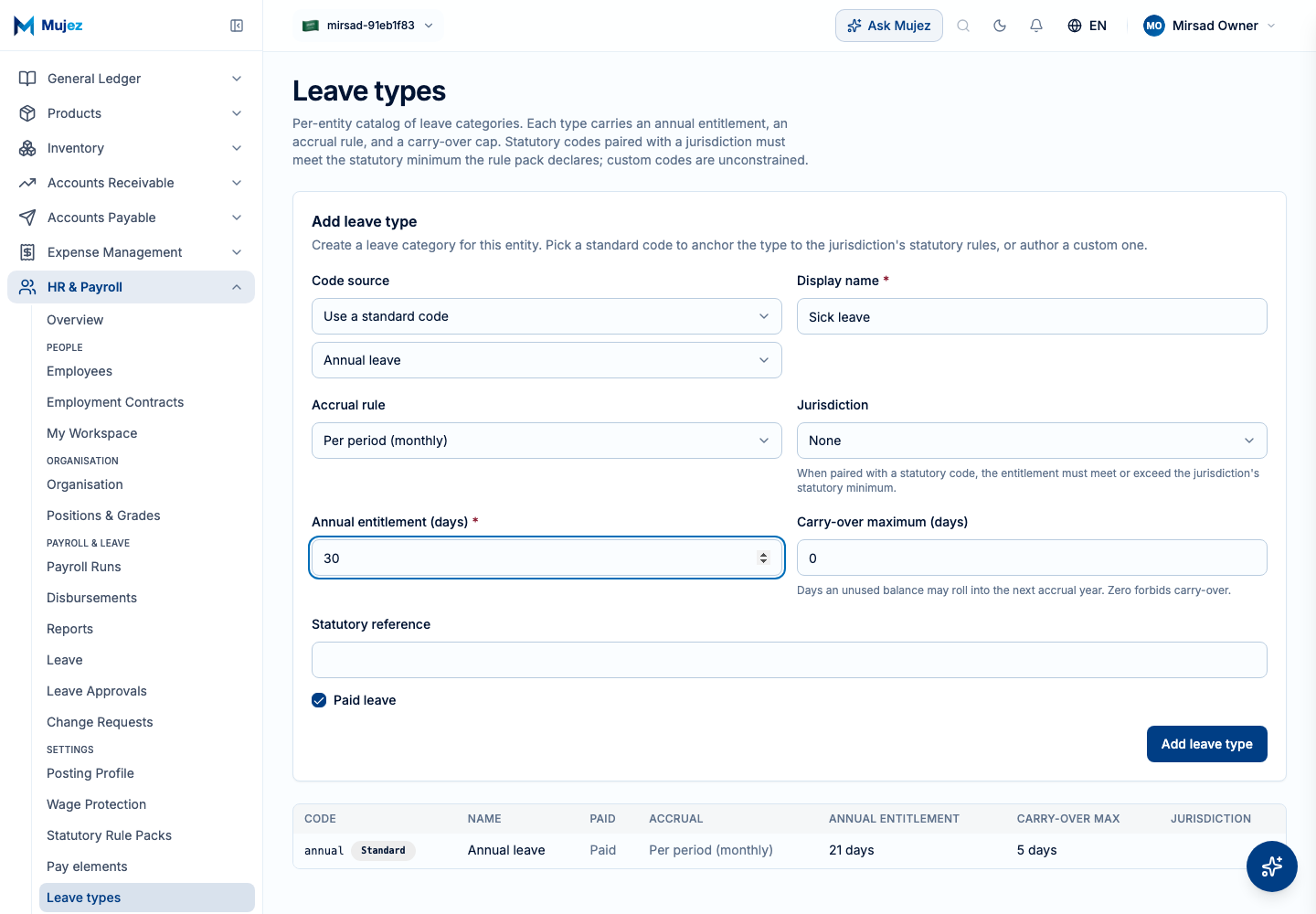 Add a leave type.