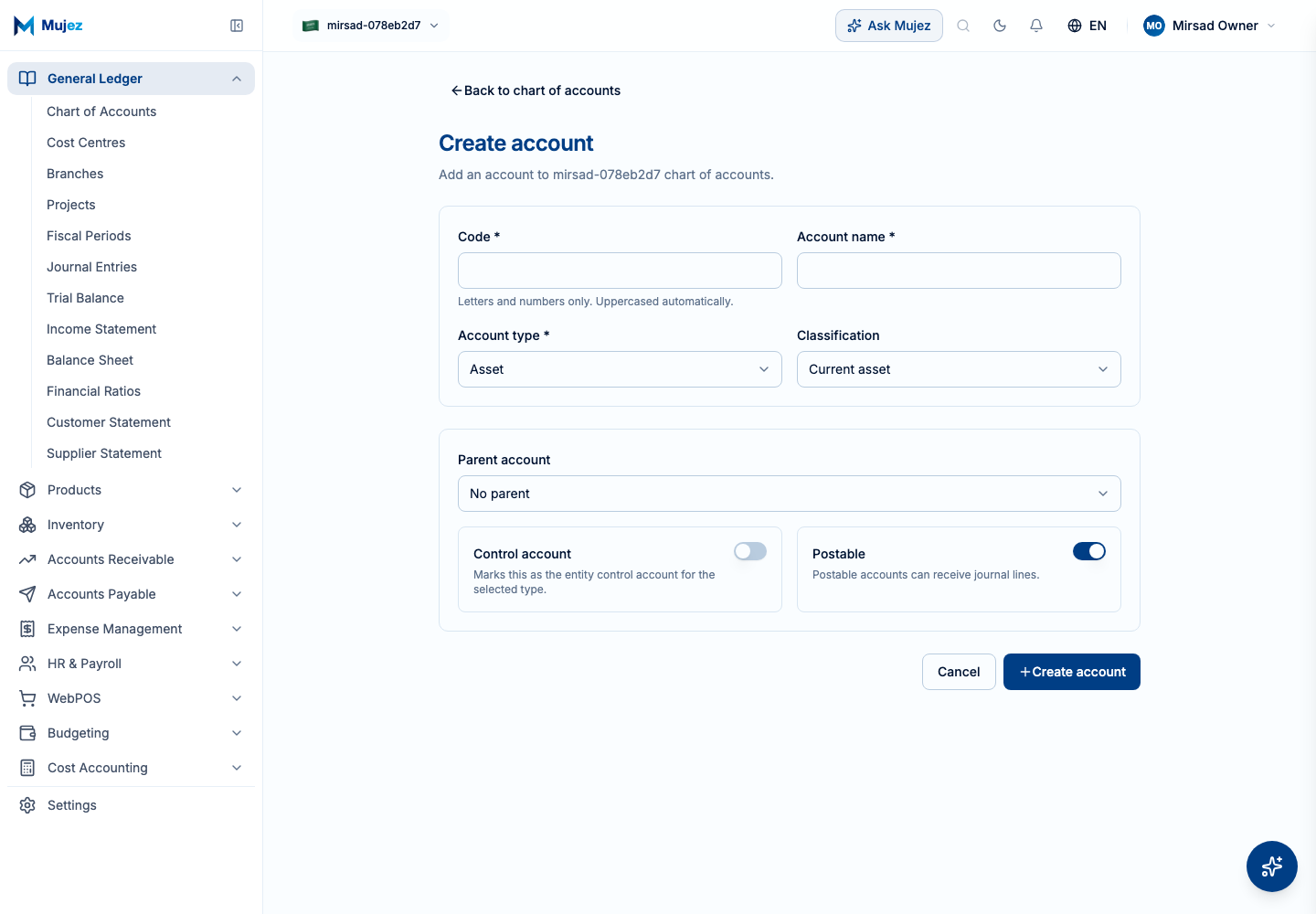 Open the Chart of Accounts and click "Create account".