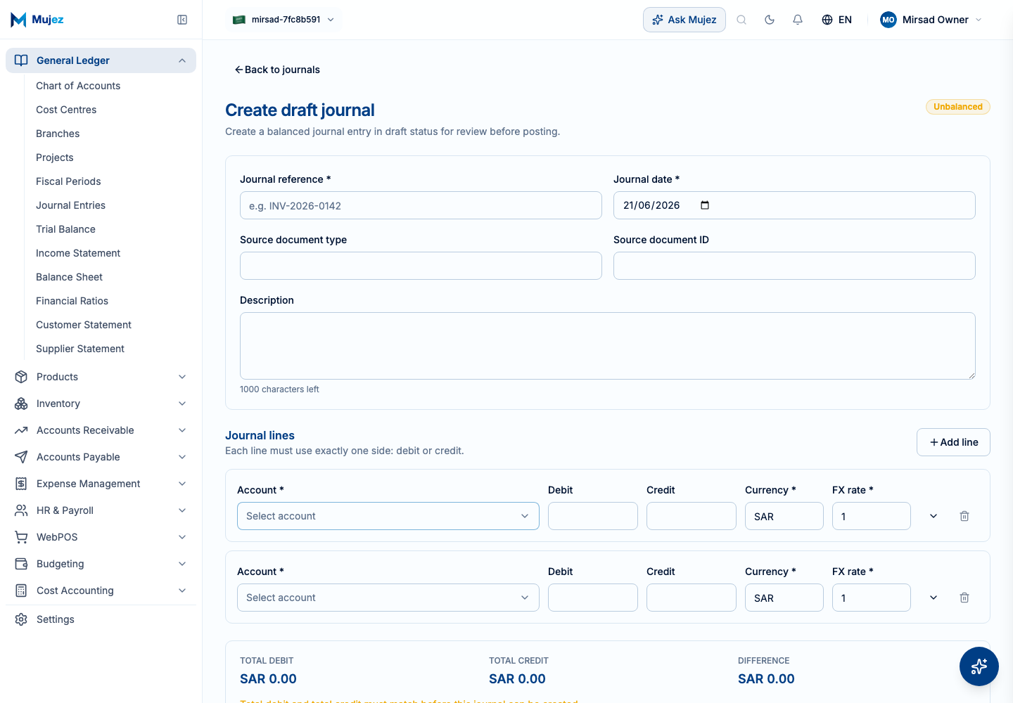 Click "Create journal" to start a new draft.