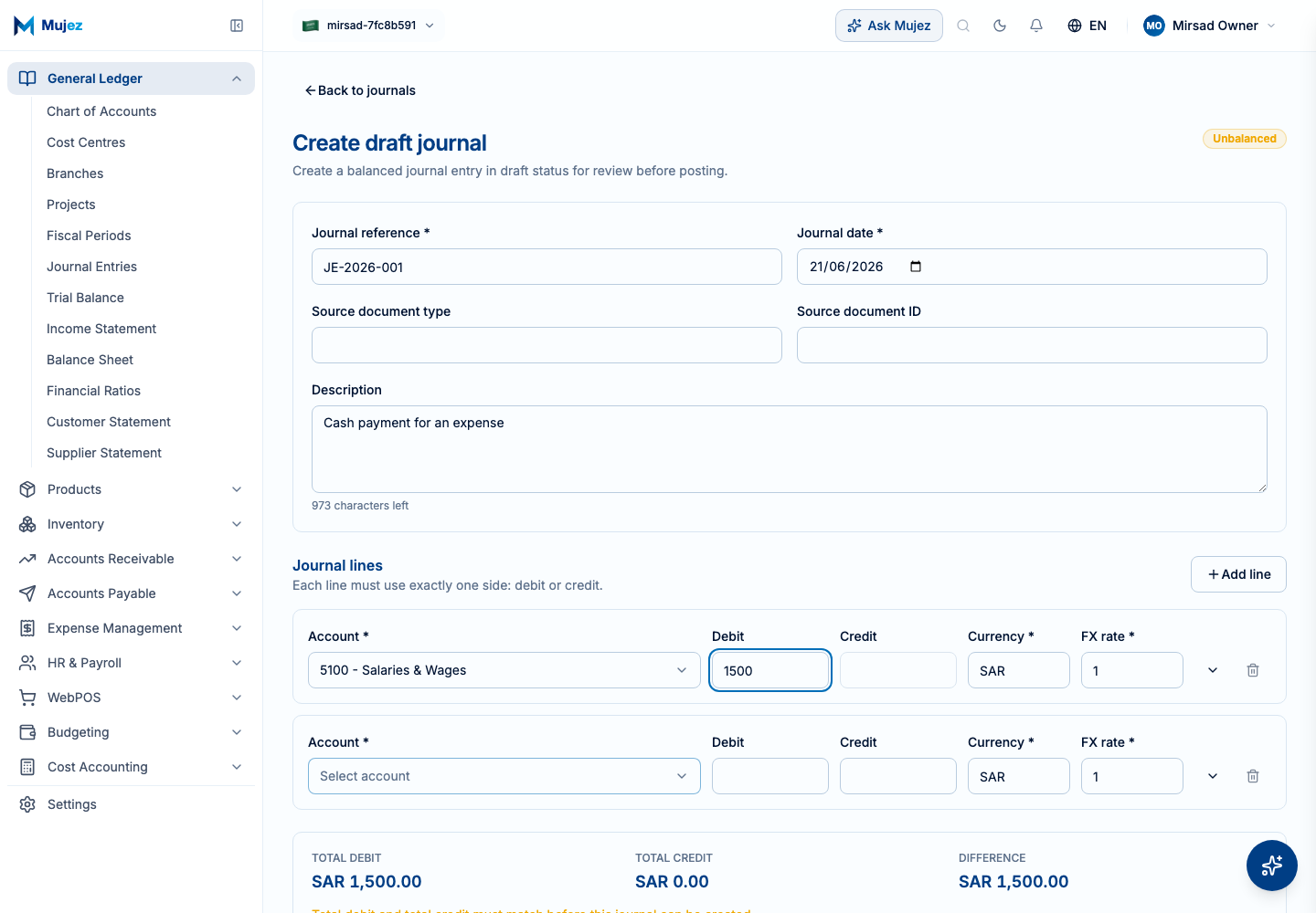 Add the first line and enter a debit amount.