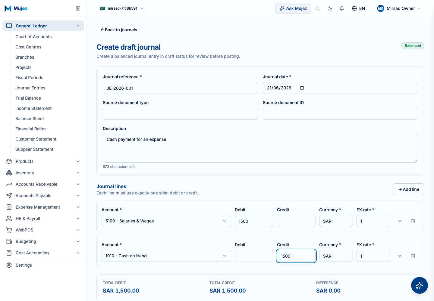 Add the balancing line and enter the matching credit amount.