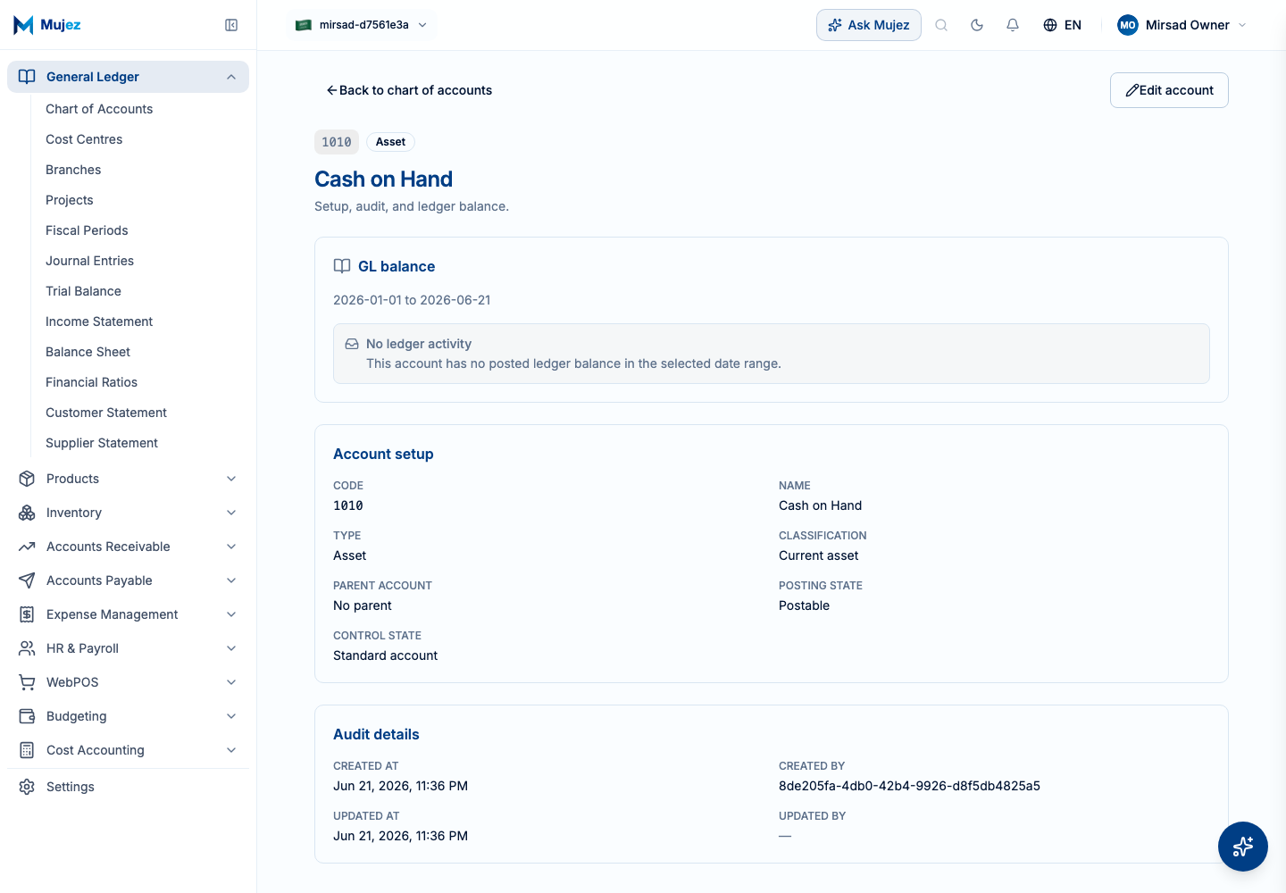 Review the account details and balance.