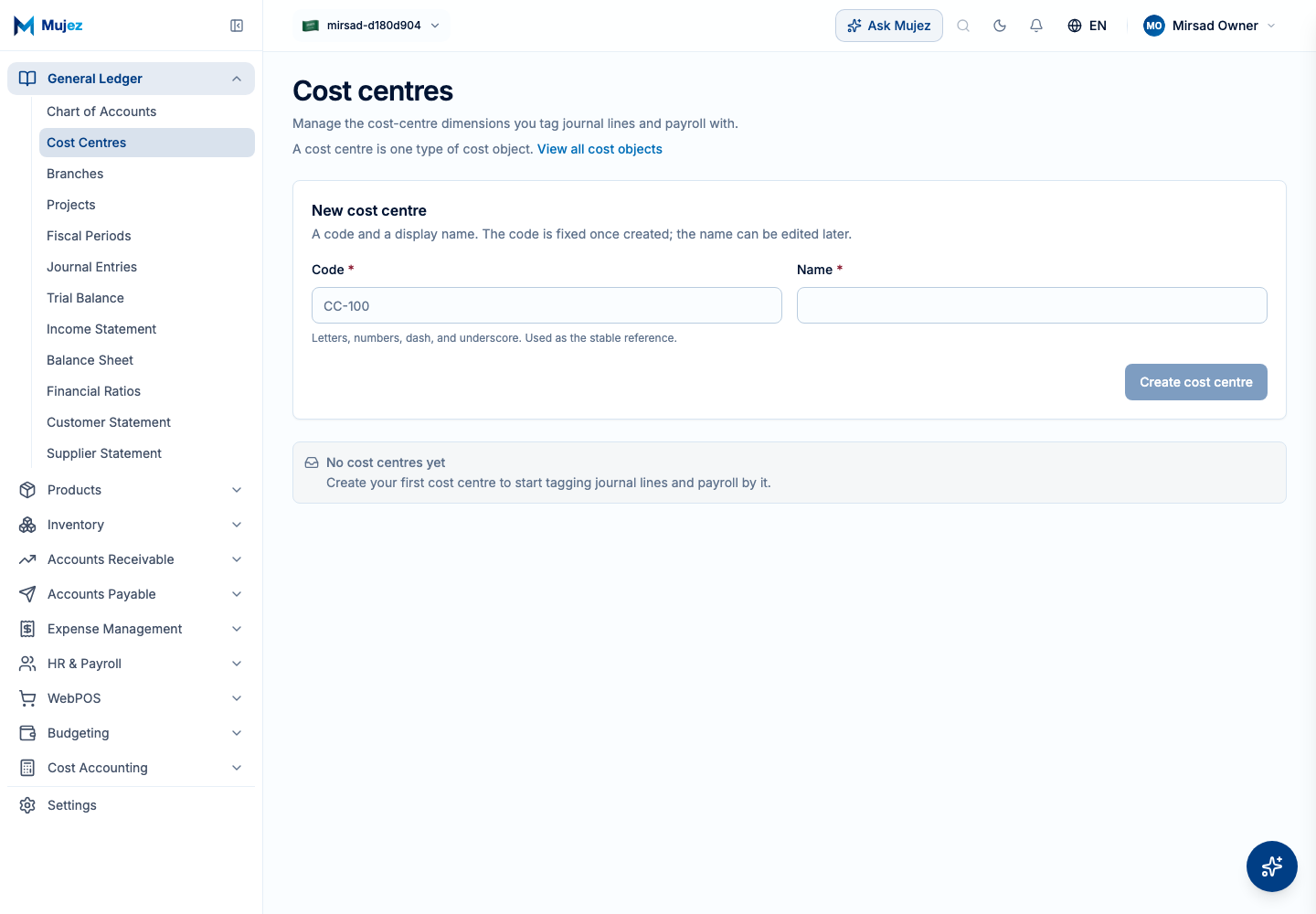Open Cost Centres.