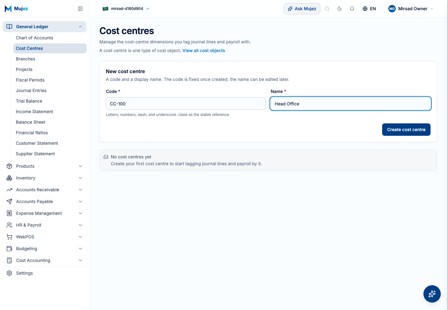 Enter a code and name, then create.