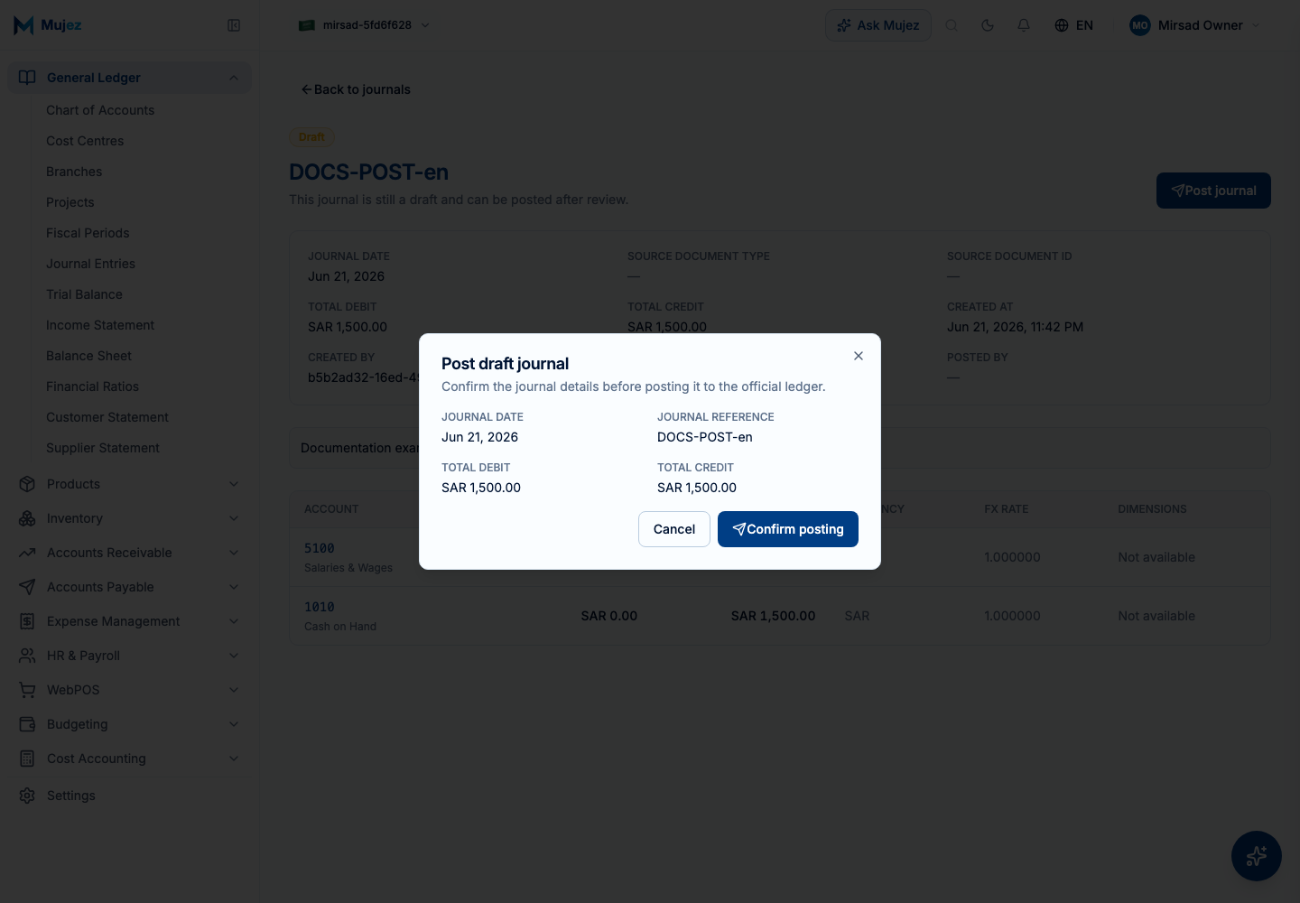 Click "Post journal" and review the confirmation.
